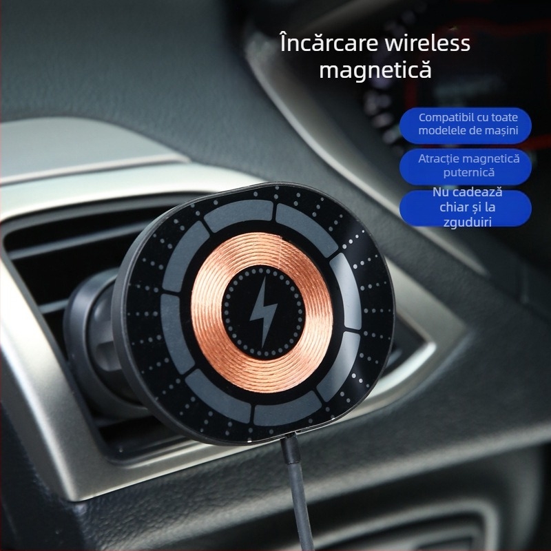 Suport auto pentru telefon cu încărcare wireless magnetică, montaj pe gurile de aer, ventuză vid, încărcare rapidă de 20W, ieșire 3A