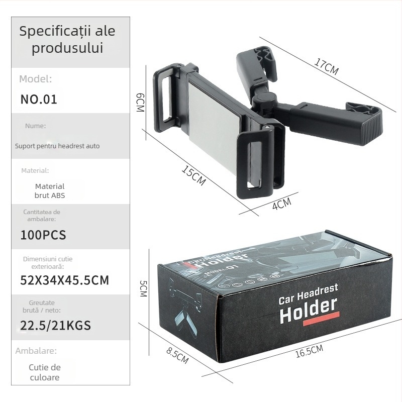 Suport pentru telefon și tabletă pentru tetiera din spate a mașinii, rotire de 360°, braț telescopic, potrivire universală, ABS, montaj snap-on