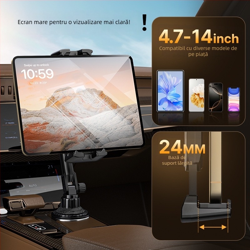Suport auto pentru telefon și tabletă — suport universal pentru navigație și iPad, montaj Snap-on, compatibil cu locul pentru pahar din consola centrală, în fața scaunului pasager