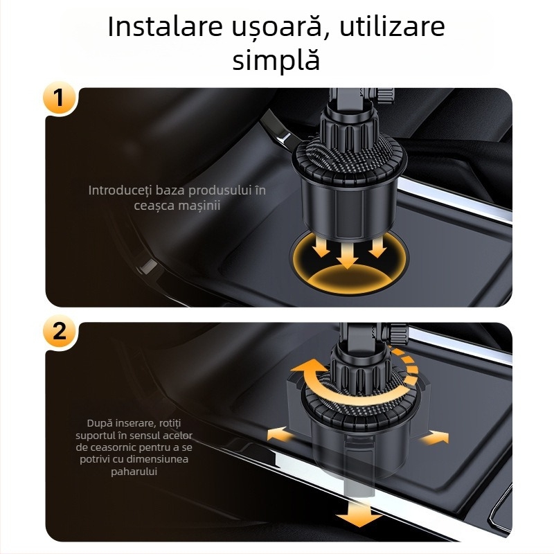 Suport auto pentru telefon și tabletă — suport universal pentru navigație și iPad, montaj Snap-on, compatibil cu locul pentru pahar din consola centrală, în fața scaunului pasager