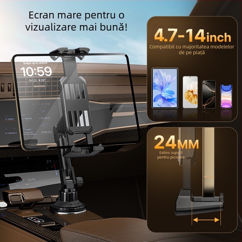 Suport auto pentru telefon și tabletă — suport universal pentru navigație și iPad, montaj Snap-on, compatibil cu locul pentru pahar din consola centrală, în fața scaunului pasager