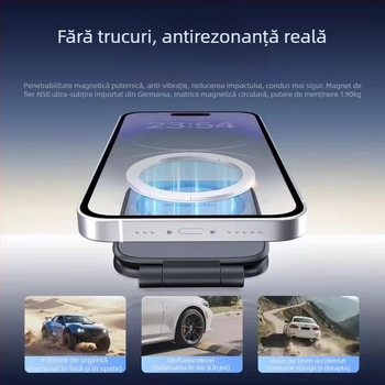 Suport magnetic pentru telefon auto, pliabil, cu montaj adeziv pe bord – universal, compatibil cu panoul de bord