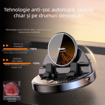 Suport auto pentru telefon cu încărcare wireless 15W, silicon antiderapant, rotire la 360°, montaj pe bord cu bandă adezivă
