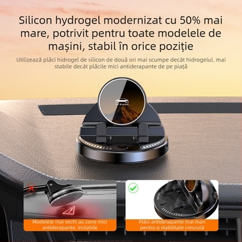 Suport auto pentru telefon cu încărcare wireless 15W, silicon antiderapant, rotire la 360°, montaj pe bord cu bandă adezivă