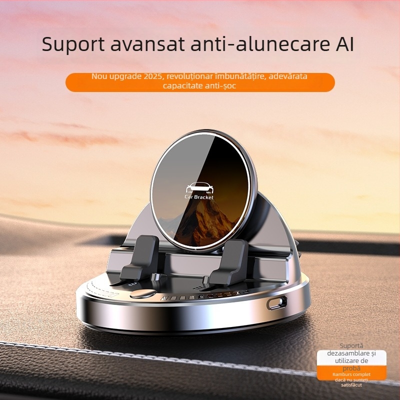 Suport auto pentru telefon cu încărcare wireless 15W, silicon antiderapant, rotire la 360°, montaj pe bord cu bandă adezivă