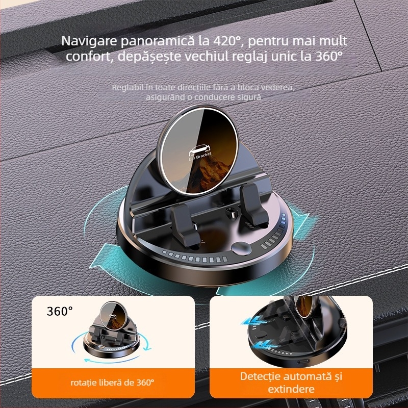 Suport auto pentru telefon cu încărcare wireless 15W, silicon antiderapant, rotire la 360°, montaj pe bord cu bandă adezivă