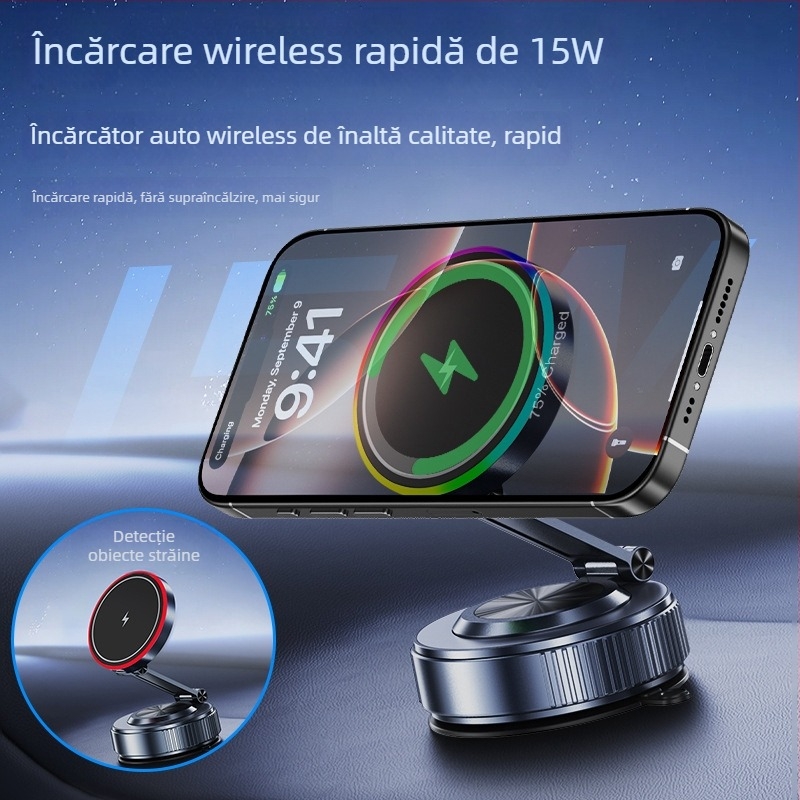 K5S Suport magnetic pentru telefon auto cu încărcare wireless, rotație 360°, ventuză, 15W, universal pentru bord