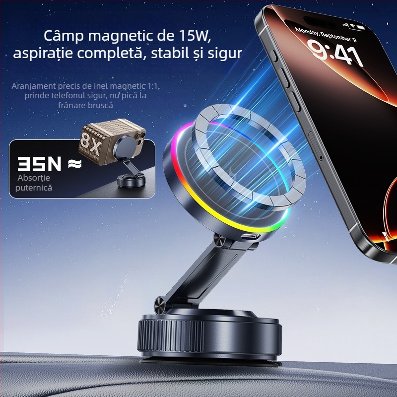 K5S Suport magnetic pentru telefon auto cu încărcare wireless, rotație 360°, ventuză, 15W, universal pentru bord