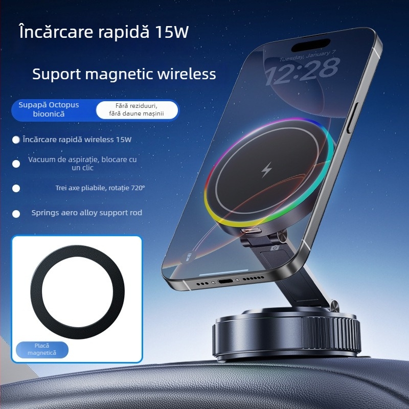 K5S Suport magnetic pentru telefon auto cu încărcare wireless, rotație 360°, ventuză, 15W, universal pentru bord