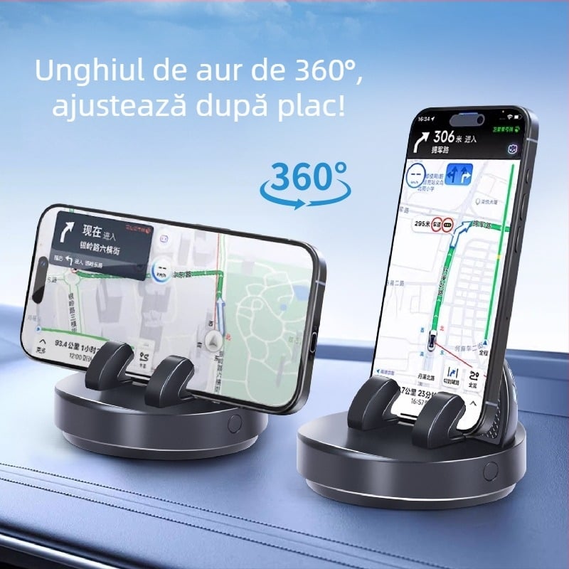 Suport pentru telefon pentru bordul mașinii cu iluminare nocturnă, rotire 360°, compatibil cu navigația, fixare universală, montaj cu adeziv