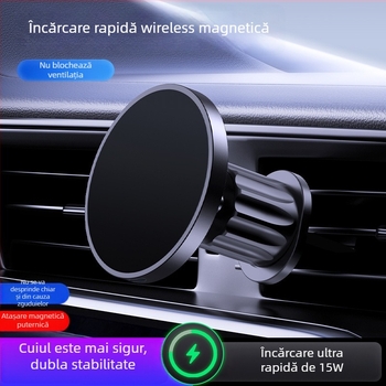 Suport magnetic auto pentru telefon cu ventuză pe gurile de aer, încărcător wireless 15W, compatibil universal, montaj snap-on