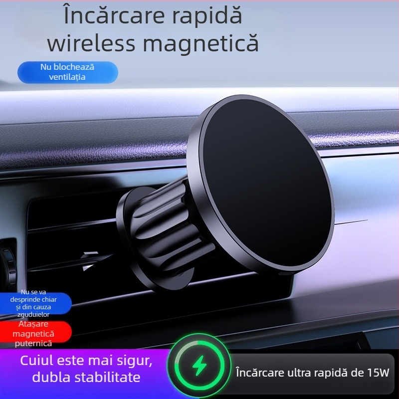 Suport magnetic auto pentru telefon cu ventuză pe gurile de aer, încărcător wireless 15W, compatibil universal, montaj snap-on