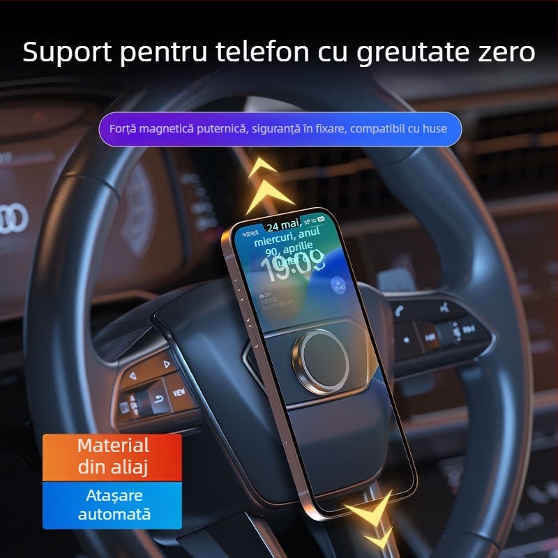 Suport pentru telefon în mașină pentru navigație — gravitație zero, aliaj de aluminiu, montaj cu adeziv, suport magnetic pentru volan