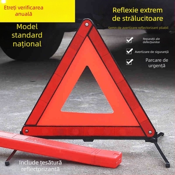 Semn avertizor triunghiular pentru autovehicul pe trepied, ABS plastic, PP, material reflectorizant, pliabil, pentru siguranța rutieră și situații de avarie