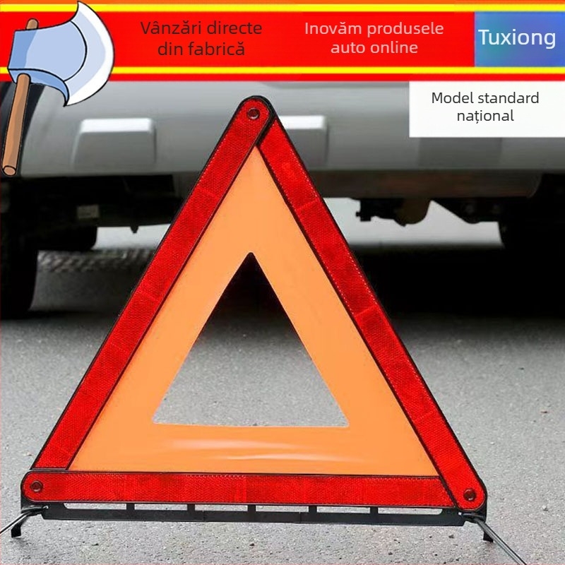 Semn avertizor triunghiular pentru autovehicul pe trepied, ABS plastic, PP, material reflectorizant, pliabil, pentru siguranța rutieră și situații de avarie