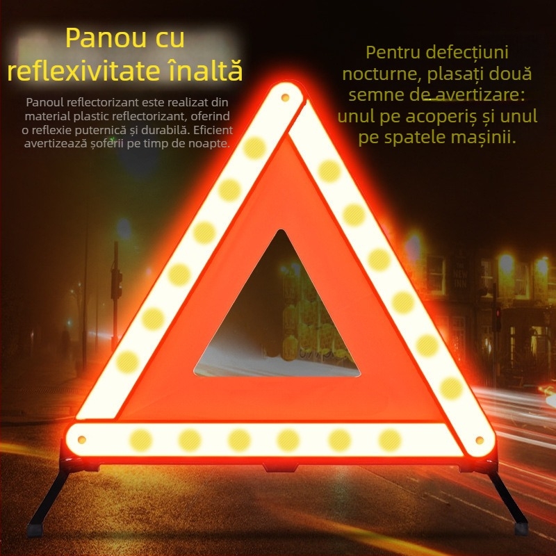 Semn avertizor triunghiular pentru autovehicul pe trepied, ABS plastic, PP, material reflectorizant, pliabil, pentru siguranța rutieră și situații de avarie