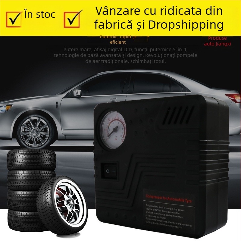 Pompa de aer portabilă pentru mașină, 12V, cu inflator de înaltă presiune