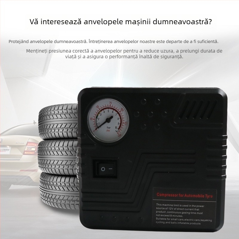 Pompa de aer portabilă pentru mașină, 12V, cu inflator de înaltă presiune