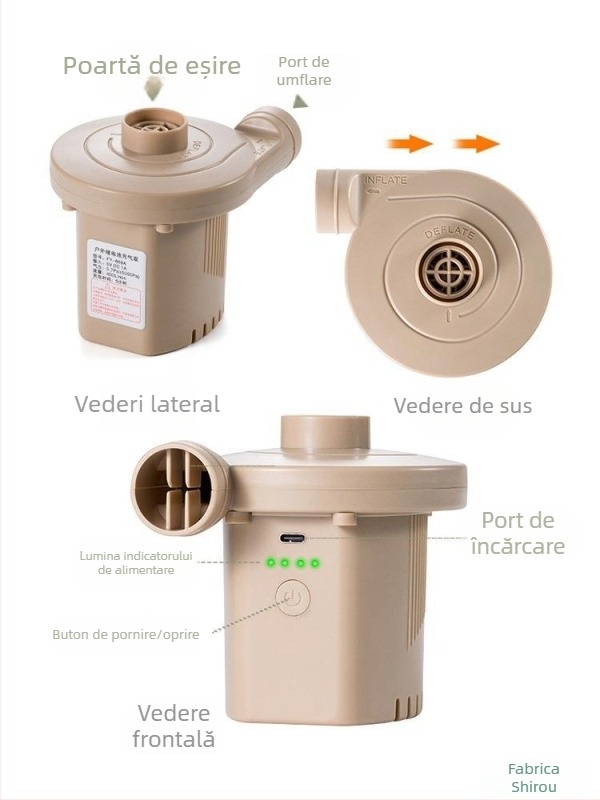 Pompa de aer USB pentru saltele gonflabile și perne de camping – utilizare în exterior, mai mult de două cilindri, 220W, lumină de avertizare, afișaj tip indicator