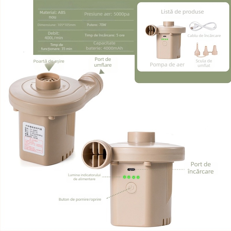Pompa de aer USB pentru saltele gonflabile și perne de camping – utilizare în exterior, mai mult de două cilindri, 220W, lumină de avertizare, afișaj tip indicator