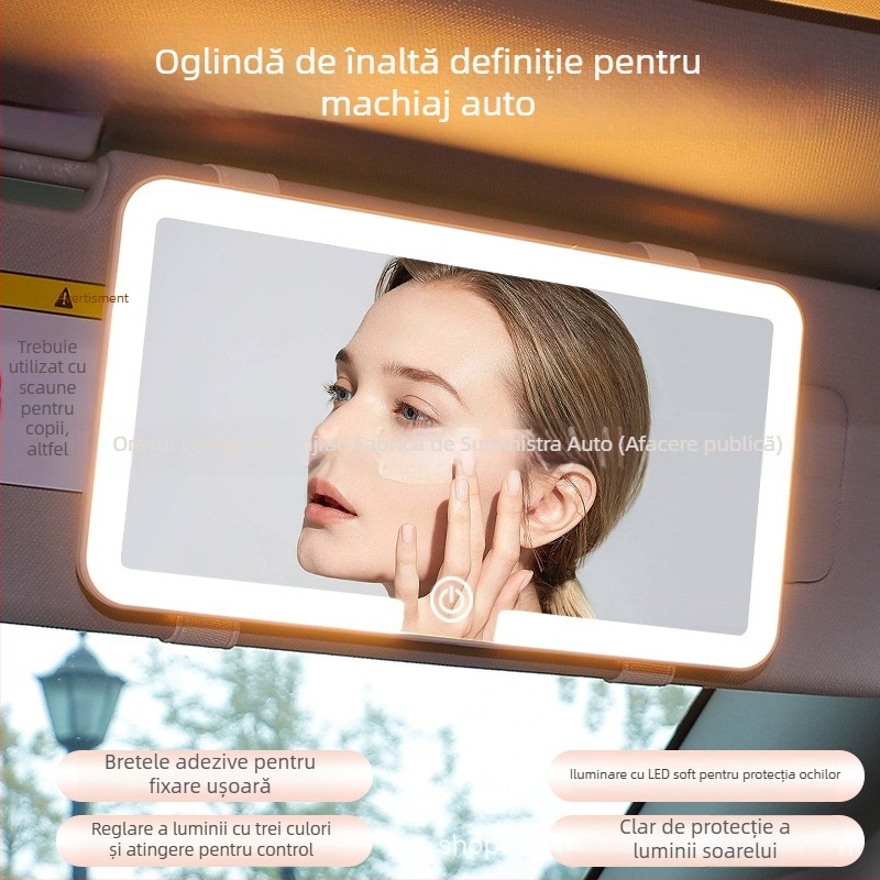 oglindă cosmetică LED cu lumină pentru mașină — rezistentă la spargere, suprafață HD reflexie, potrivire universală, montaj prin clipsare