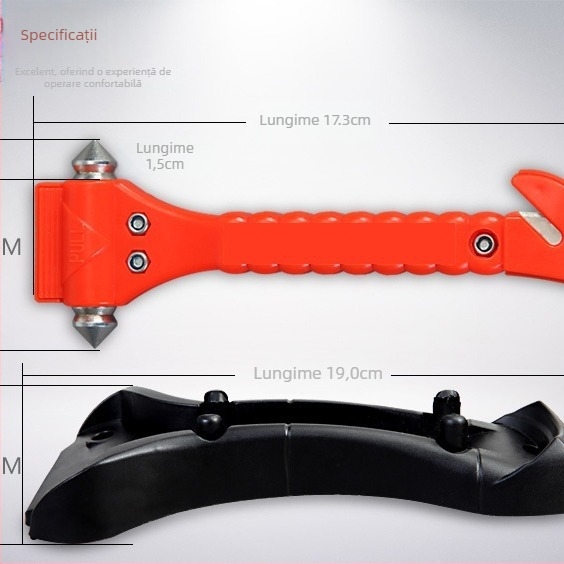 Ciocan auto de siguranță, ciocan pentru spargerea geamului, unealtă de salvare multifuncțională, material ABS + oțel, greutate 145 g, personalizare disponibilă, etichetă privată licențiată