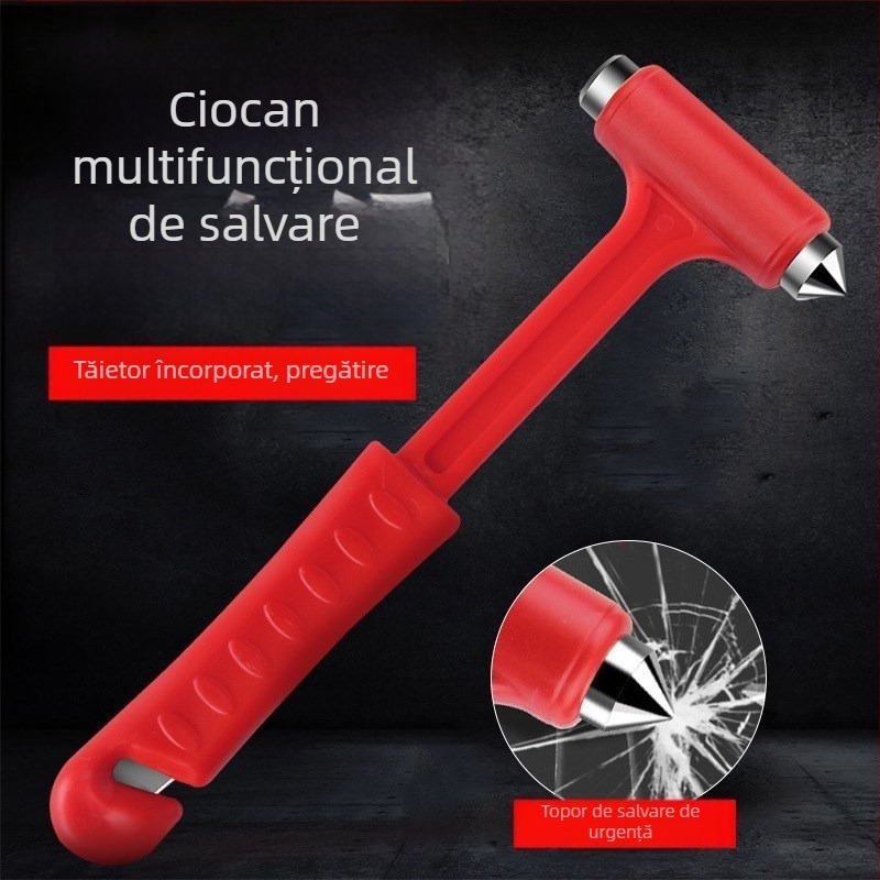 Spărgător de geam auto cu mâner lung - cioc de salvare multifuncțional, unealtă de urgență, tăietor pentru centură; Material: aliaj, cap din fier, ABS plastic; Greutate: 70 g