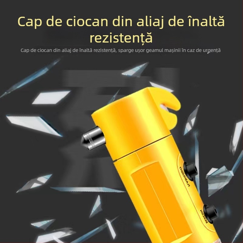 Cioc de siguranță pentru mașină 4 în 1: instrument de evacuare în caz de urgență, spargerea geamului și lanternă LED