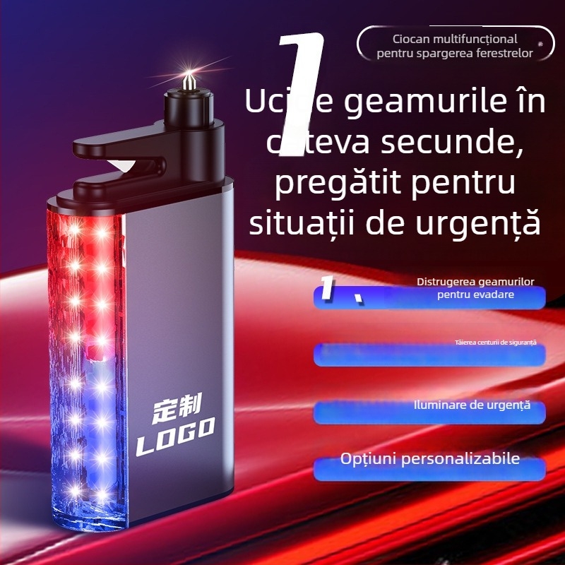 Cioc auto de siguranță cu lanternă multifuncțională, alarmă și spargere geam — trei în unu cu iluminare (Brand: Group Chi; Materiale: aliaj de aluminiu + ABS + PC + oțel; Greutate: 0,3 kg)
