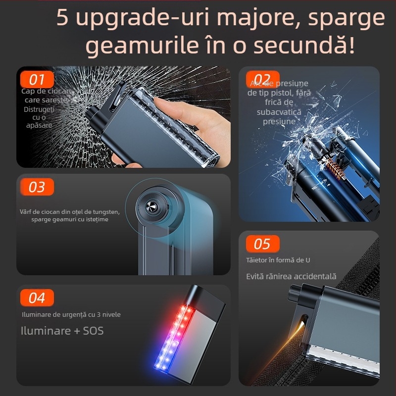 Cioc auto de siguranță cu lanternă multifuncțională, alarmă și spargere geam — trei în unu cu iluminare (Brand: Group Chi; Materiale: aliaj de aluminiu + ABS + PC + oțel; Greutate: 0,3 kg)