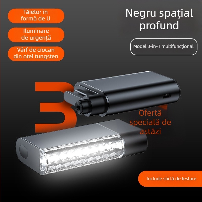 Cioc auto de siguranță cu lanternă multifuncțională, alarmă și spargere geam — trei în unu cu iluminare (Brand: Group Chi; Materiale: aliaj de aluminiu + ABS + PC + oțel; Greutate: 0,3 kg)
