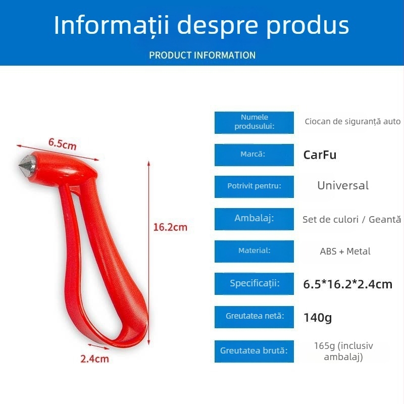 Cioc de siguranță auto cu spargător de geam, instrument de salvare portabil, ABS+metal, 140 g, origine Guangdong
