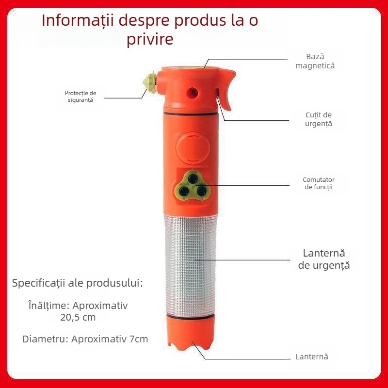 Cioc de securitate multifuncțional cu lanternă și alarmă pentru scăpare auto — ABS, 167 g, compatibil cu etichetă privată