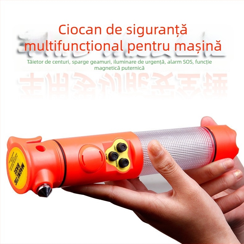 Ciocan de siguranță pentru mașină, 6 în 1, cu lanternă, zdrobitor de geam și alarmă – ABS, 150 g, atașare magnetică