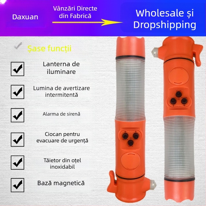 Ciocan de siguranță pentru mașină, 6 în 1, cu lanternă, zdrobitor de geam și alarmă – ABS, 150 g, atașare magnetică