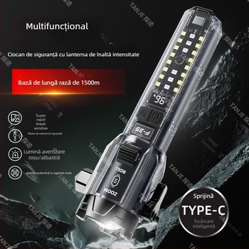 Lanternă tactic multifuncțională cu ciocan și lamă de tăiere, baterie 18650, încărcare Type-C, LED+COB, 15W, rotire la 360°, rază 100–200 m