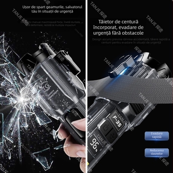 Lanternă tactic multifuncțională cu ciocan și lamă de tăiere, baterie 18650, încărcare Type-C, LED+COB, 15W, rotire la 360°, rază 100–200 m