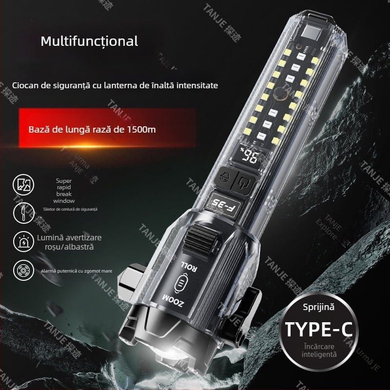 Lanternă tactic multifuncțională cu ciocan și lamă de tăiere, baterie 18650, încărcare Type-C, LED+COB, 15W, rotire la 360°, rază 100–200 m
