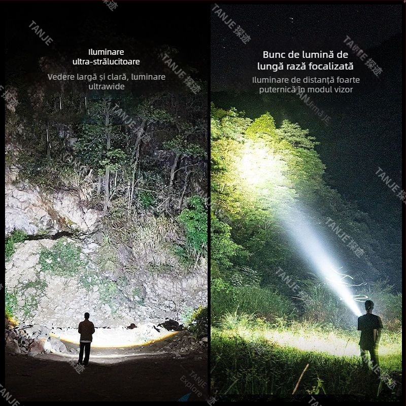Lanternă tactic multifuncțională cu ciocan și lamă de tăiere, baterie 18650, încărcare Type-C, LED+COB, 15W, rotire la 360°, rază 100–200 m