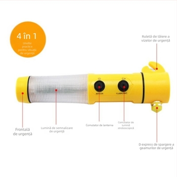 Cioc de salvare 4 în 1 pentru mașină: spargere geam, lanternă de urgență și magnet puternic; ABS plastic; greutate 150 g