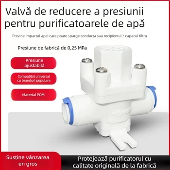 Valvă reductoare de presiune pentru purificatorul de apă, reglabilă, stabilizare a presiunii, protecție împotriva hidroșocurilor, fitinguri din țevi