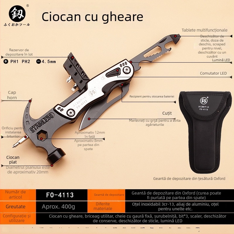 Ciocan cu gheare, cu cap de oțel unelte, breaker de geamuri și instrument de evacuare, șurubelniță – FO-4113, multifuncțional pentru exterior