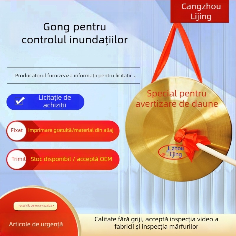 Gong din aliaj de cupru, pentru protecția împotriva inundațiilor, 32–36 cm, cu inscripție de avertizare la dezastre.