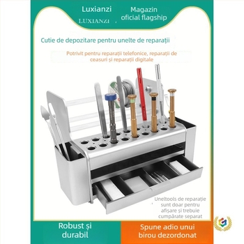 Cutie din plastic pentru unelte cu organizator de birou, compartimente pentru șurubelnițe și organizator multifuncțional pentru telefoane mobile și electronice.