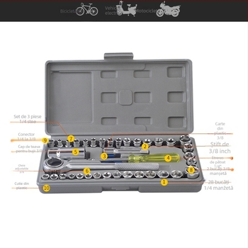Set de 40 de chei cu bucșe din oțel crom-vanadiu pentru reparații la domiciliu, auto și motocicletă