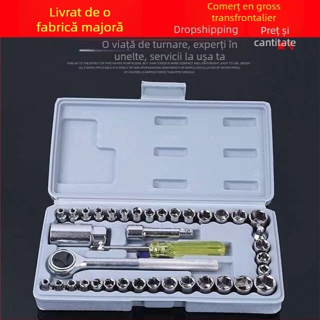 Set de 40 de chei cu bucșe din oțel crom-vanadiu pentru reparații la domiciliu, auto și motocicletă