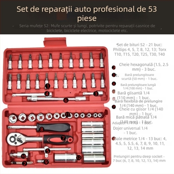 Set de unelte cu 53 de piese, clichet și capete pentru șuruburi, din oțel carbon