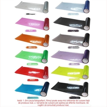 Film de schimbare a culorii farurilor pentru autoturisme și motociclete, cu 50% transmisie luminoasă, 50% protecție UV, 50% izolație termică, grosime 10C și sistem cu adeziv în spate.