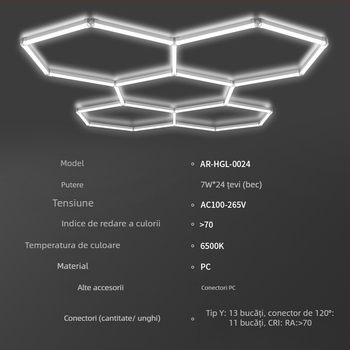 Lampa LED hexagonală pentru garaj cu fagure, model Garage Light-0024, 168W, 100 lm/W, 50.000 h, AC 100-265 V