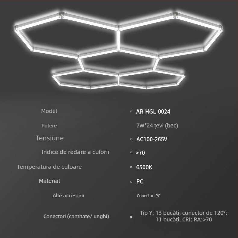 Lampa LED hexagonală pentru garaj cu fagure, model Garage Light-0024, 168W, 100 lm/W, 50.000 h, AC 100-265 V
